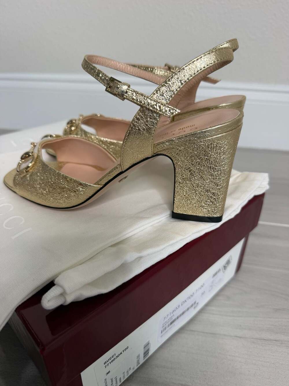 Gucci Galassia Horsebit Metallic Platino Block Heel Sandals - Picture 4 of 11